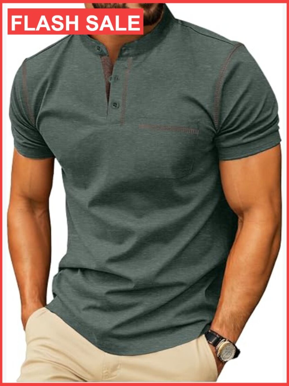 Men's Cotton Henley Shirt Short Sleeve Summer Button Tee with Pocket